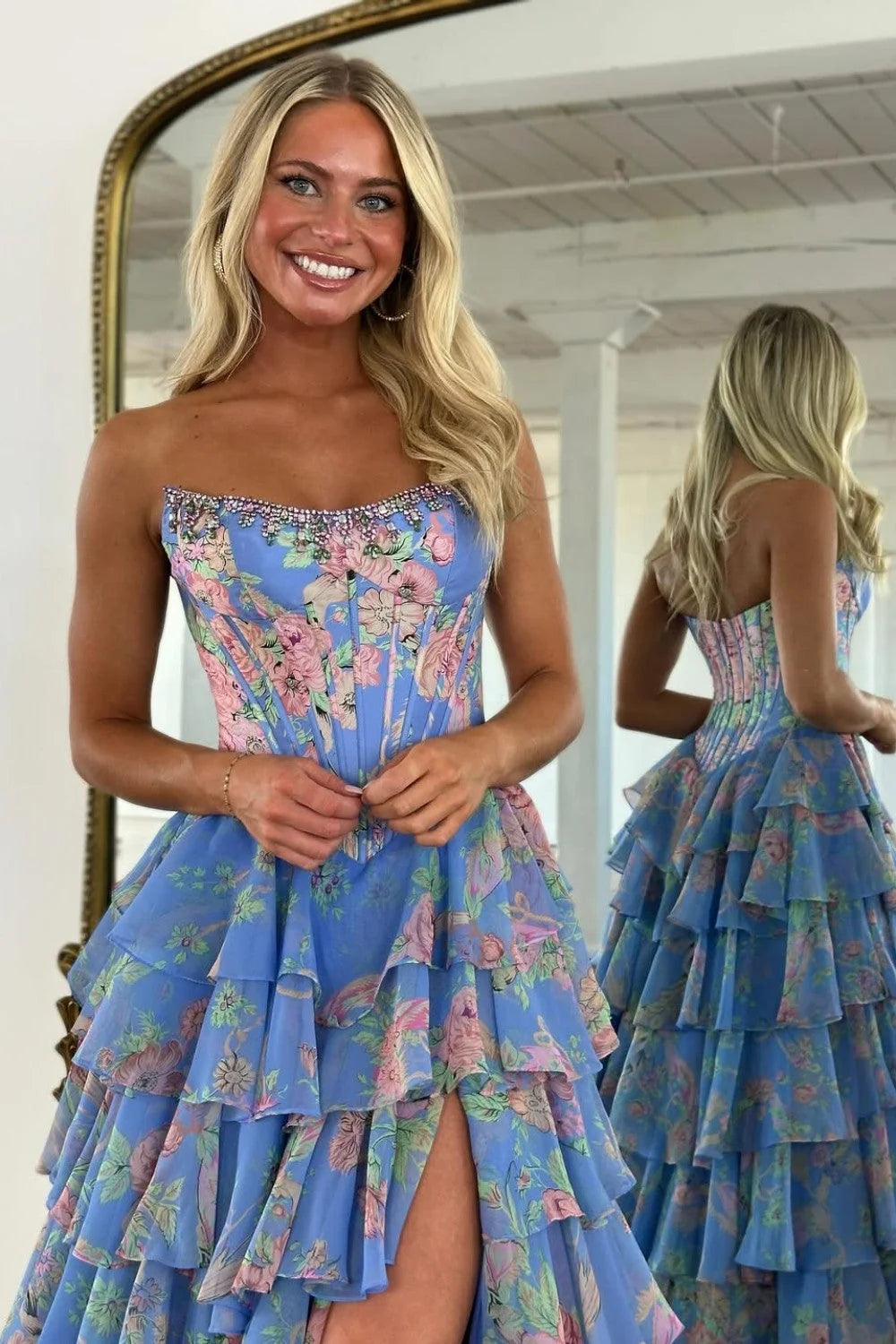 Gorgeous A Line Strapless Blue Printed Corset Prom Dress with Beading Ruffles DP7592