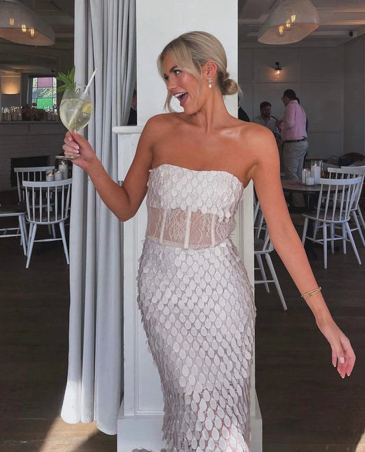 White Mermaid Strapless Sequin Prom Dress Evening Dress DP1271