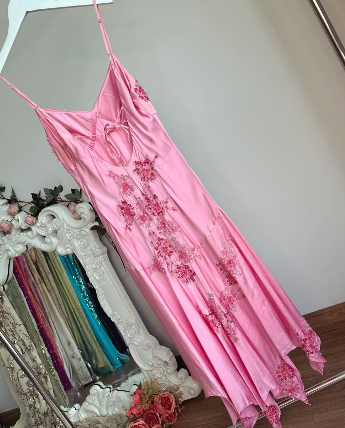 Vintage Pink Mermaid Spaghetti Straps Appliques Satin Prom Dress Party Dress Date Dress DP4447