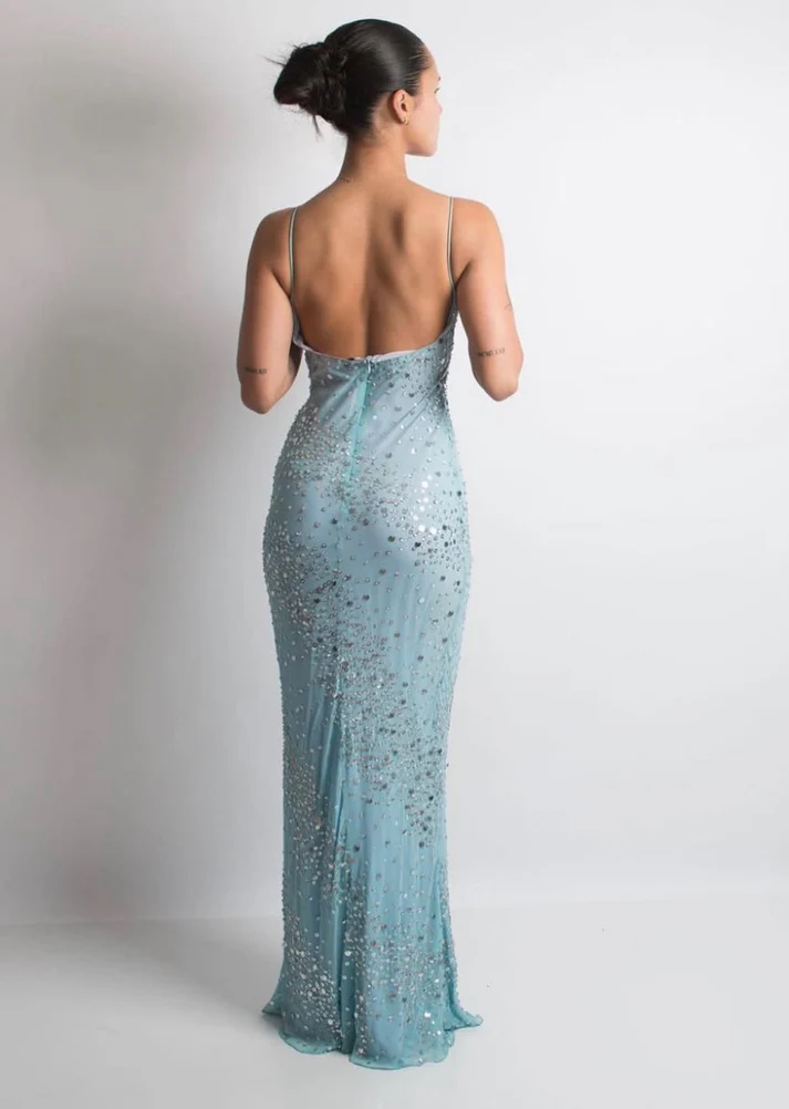 Baby Blue Sheath Spaghetti Straps Sequin Beaded Chiffon Prom Dress Wedding Guest Dress DP4935