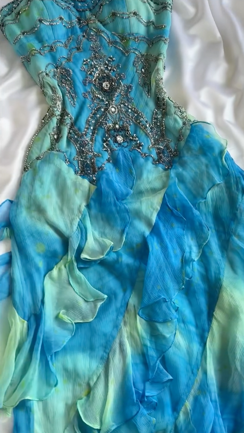 Vintage A Line Spaghetti Strap Beaded Ruffles Chiffon Prom Dress Evening Dress DP1838