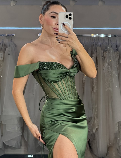 Green Sheath Off the Shoulder Beaded Satin Prom Dress Evening Dress with Slit DP1818