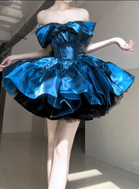 Stunning Blue A Line Off the Shoulder Bow Satin Short Prom Dress Homecoming Dress DP4559
