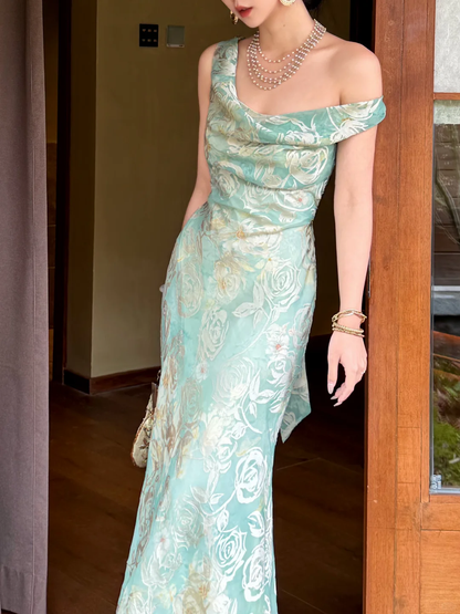 Light Green Mermaid Rose Print Chiffon Long Prom Dress Evening Dress DP5650