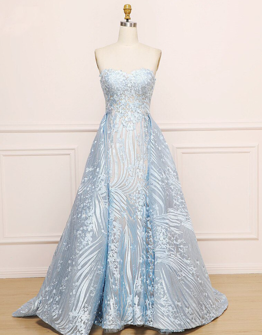 Elegant A Line Sweetheart Neck Appliques Sky Blue Tulle Prom Dress Evening Dress DP1526
