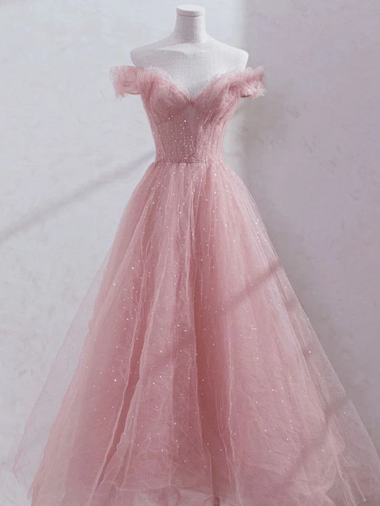 Pink Princess Tulle Sequin Prom Dress Off The Shoulder Long Evening Dress DP014