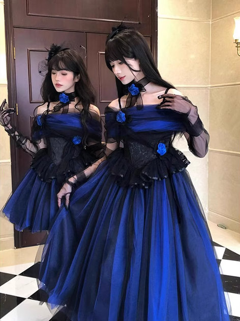 Blue Black Roses A Line Lace Tulle Lolita Goth Boning Dress Prom Dress DP4504