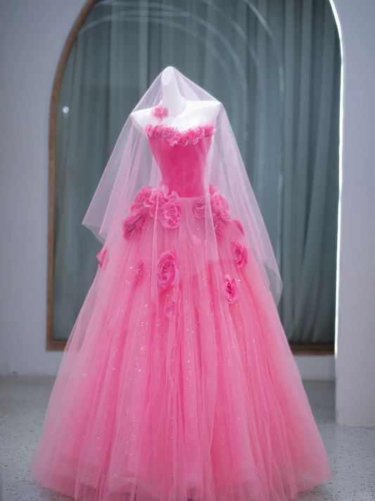 New A Line Strapless Flower Pink Velvet Tulle Long Prom Dress Party Dress DP2722