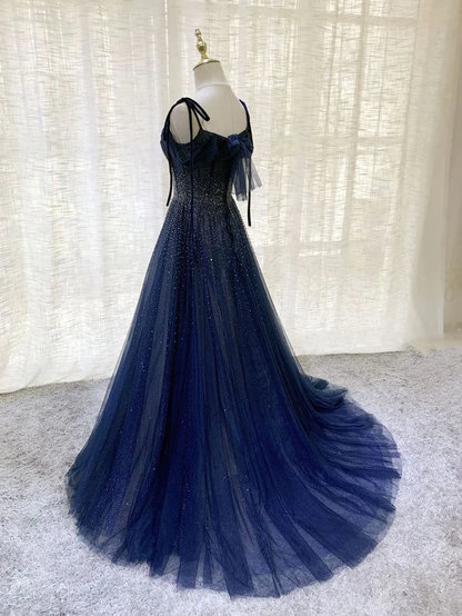 Charming Navy Blue Tulle Beaded Long Prom Dress Evening Dress Ball Gown Quinceanera Dress DP057