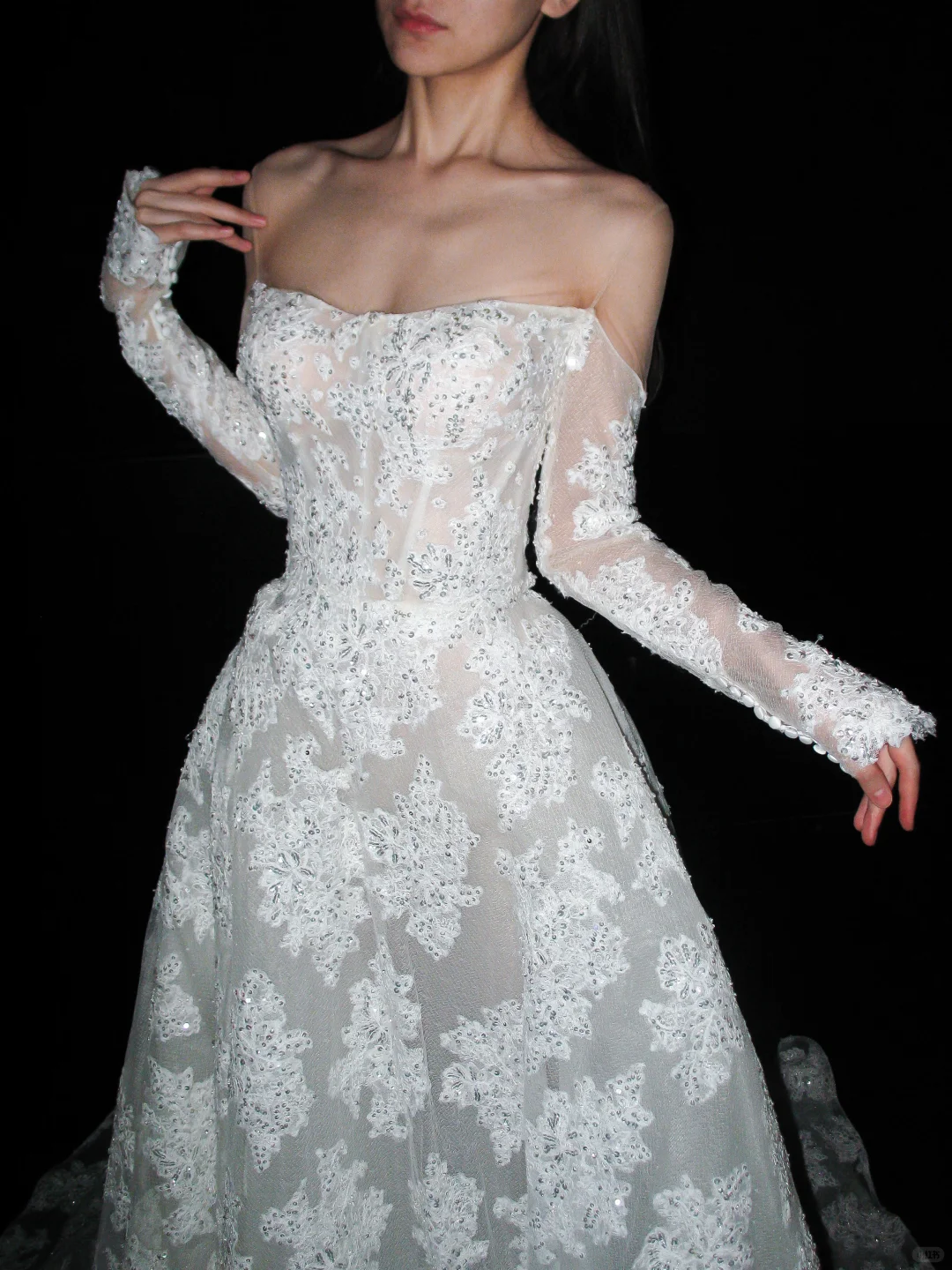 Beautiful A Line Long Sleeve Sequin Lace Long Train Wedding Dress DP6367