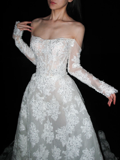 Beautiful A Line Long Sleeve Sequin Lace Long Train Wedding Dress DP6367