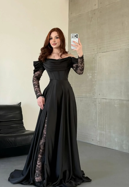 Elegant Black A Line Long Sleeve Lace Satin Prom Dress Eveening Dress DP5632