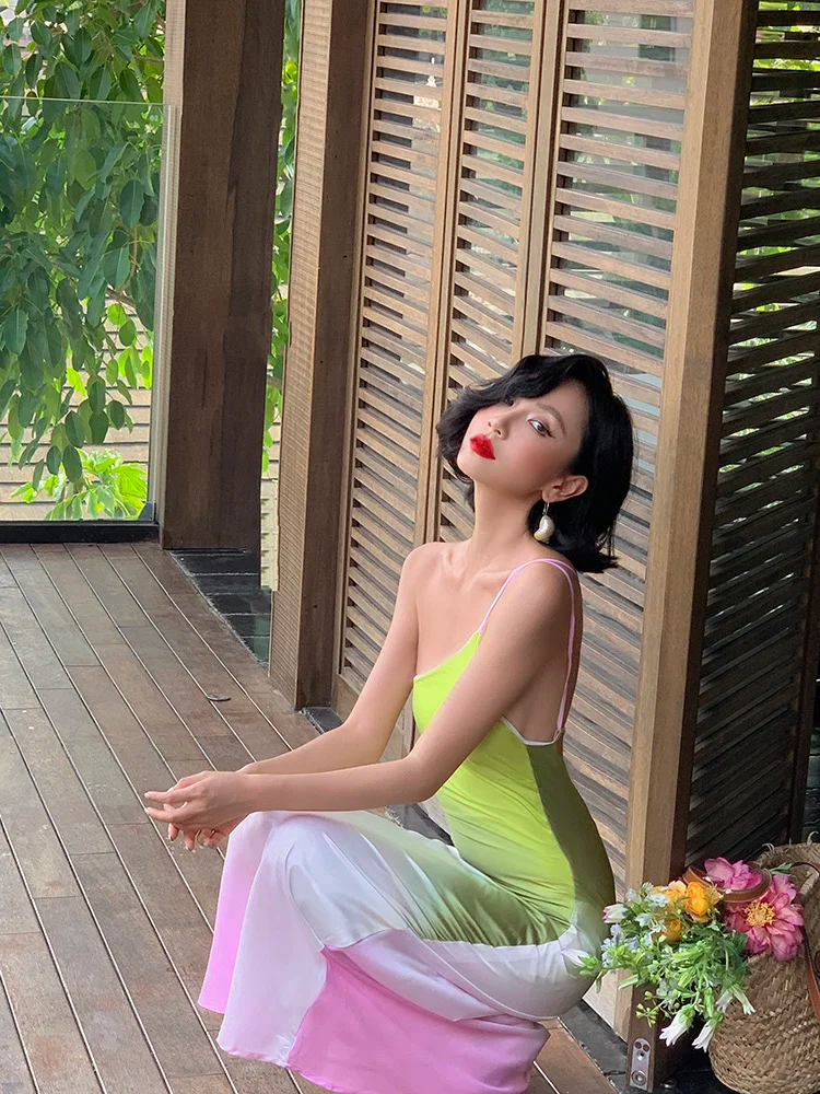 Pink Green Ombre Sheath One Shoulder Satin Long Prom Dress Evening Dress DP3872