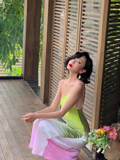 Pink Green Ombre Sheath One Shoulder Satin Long Prom Dress Evening Dress DP3872