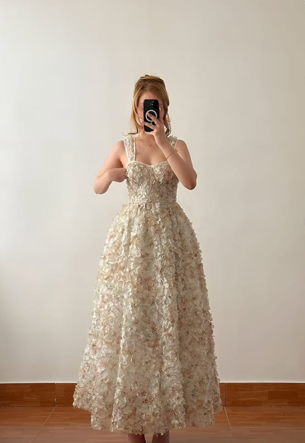 Beautiful 3D Floral A Line Straps Tulle Long Prom Dress Evening Dress DP6433