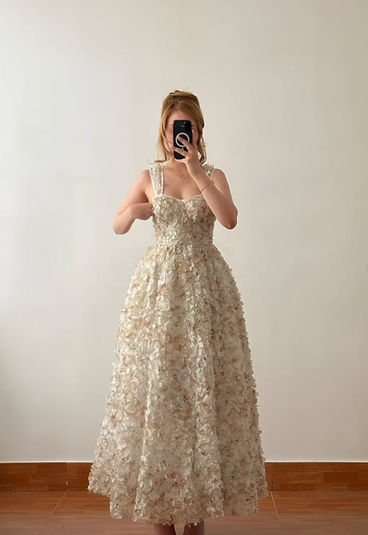Beautiful 3D Floral A Line Straps Tulle Long Prom Dress Evening Dress DP6433