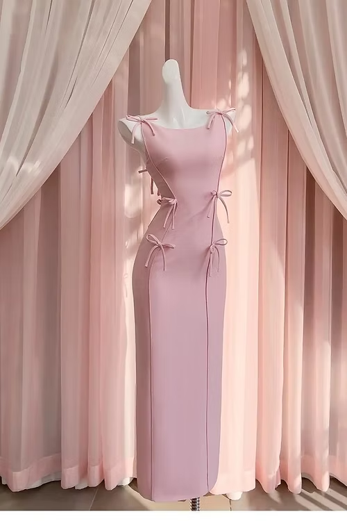 Cute Pink Bow Sheath Spaghetti Strap Satin Prom Dress Evening Dress 16th Birthday Dress DP3954