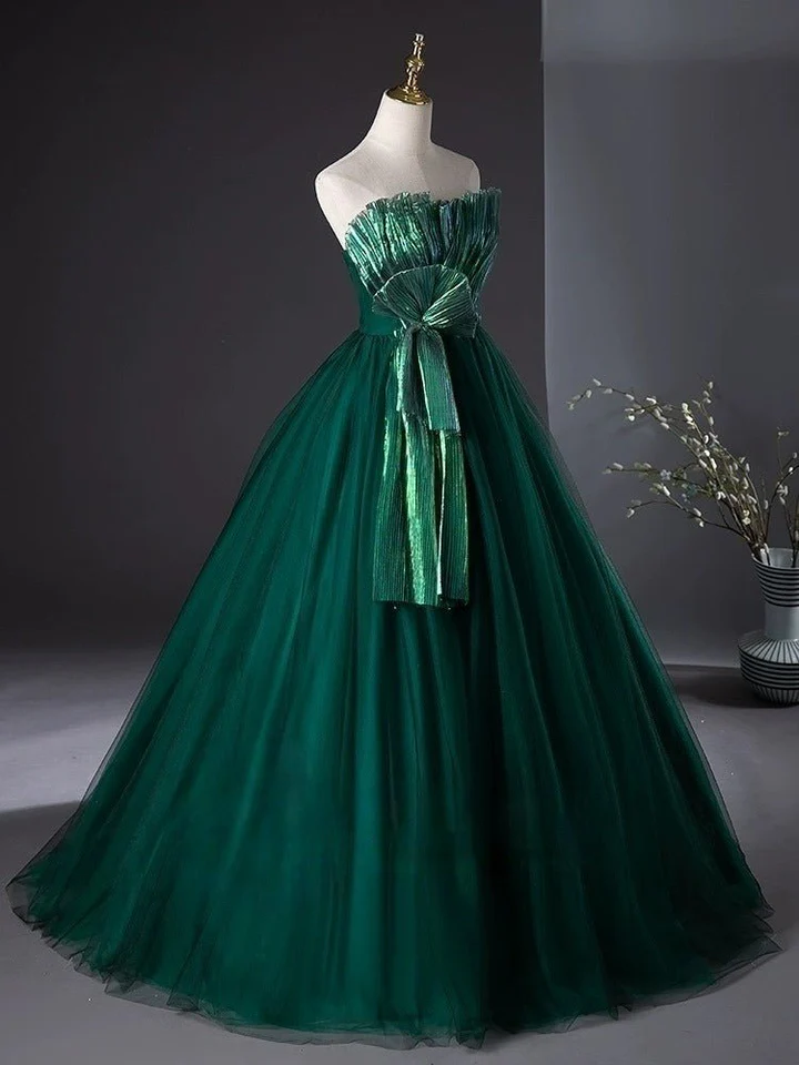 Unique Strapless Green Tulle Ball Gown Formal Evening Dress DP454