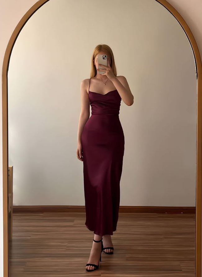 Simple Burgundy Sheath Spaghetti Straps Satin Long Prom Dress Evening Dress DP6505