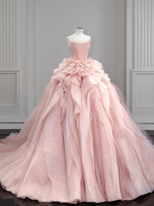 Elegant A Line Strapless Tiered Pink Tulle Long Prom Dress Evening Dress DP1957