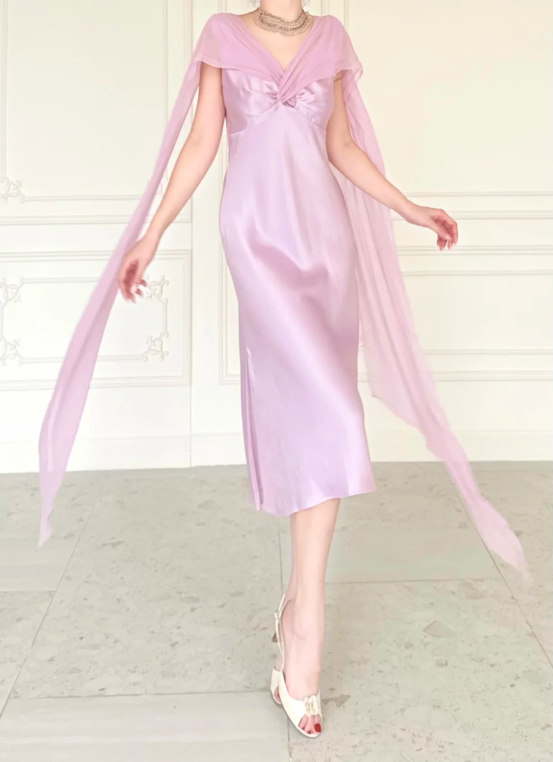 Gentle Light Purple A Line V Neck Chiffon Satin Prom Dress Evening Dress DP6442