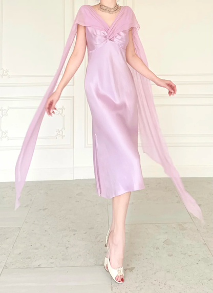 Gentle Light Purple A Line V Neck Chiffon Satin Prom Dress Evening Dress DP6442