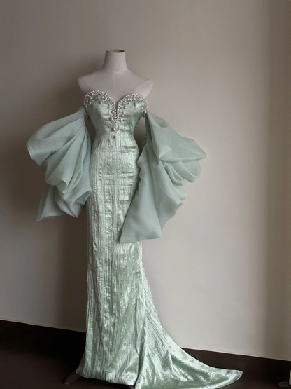Turquoise Sand Sheath Sweetheart Neck Pearl Satin Prom Dress Formal Dress Date Dress DP3441