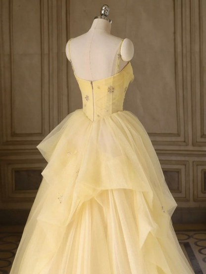 A Line Spaghetti Straps Layered Tulle Yellow Long Prom Dress Formal Evening Dress Ball Gown DP117