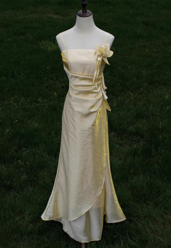 Vintage Mermaid Spaghetti Straps Yellow Satin Prom Dress DP4819