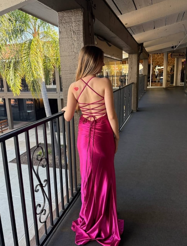 Hot Pink Mermaid Straps Appliques Satin Long Prom Dress Evening Dress with Slit DP5944