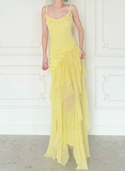 Stunning Yellow Sheath Spaghetti Strap Lace Chiffon Prom Dress Evening Dress DP6444