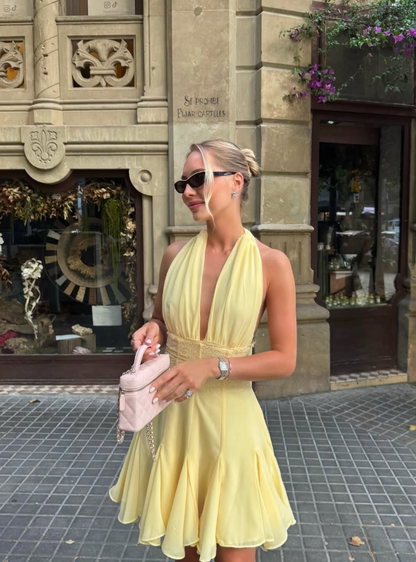 Yellow A Line V Neck Lace Chiffon Short Prom Dress Homecoming Dress DP5696