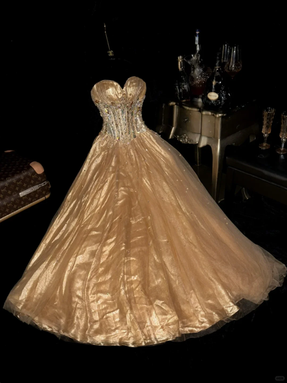 Luxurious Gold A Line Sweetheart Neck Beaded Tulle Satin Prom Dress Party Evening Dress DP5337