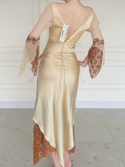 Vintage Sexy Appliques Lace Satin Prom Dress Evening Dress DP5169