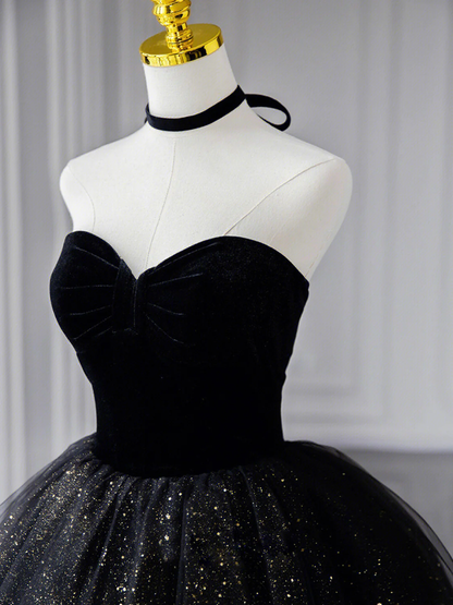 Classic Black Strapless Velvet Tulle Long Prom Dress  Sweet 16 Ball Gown Quinceanera Dress DP076