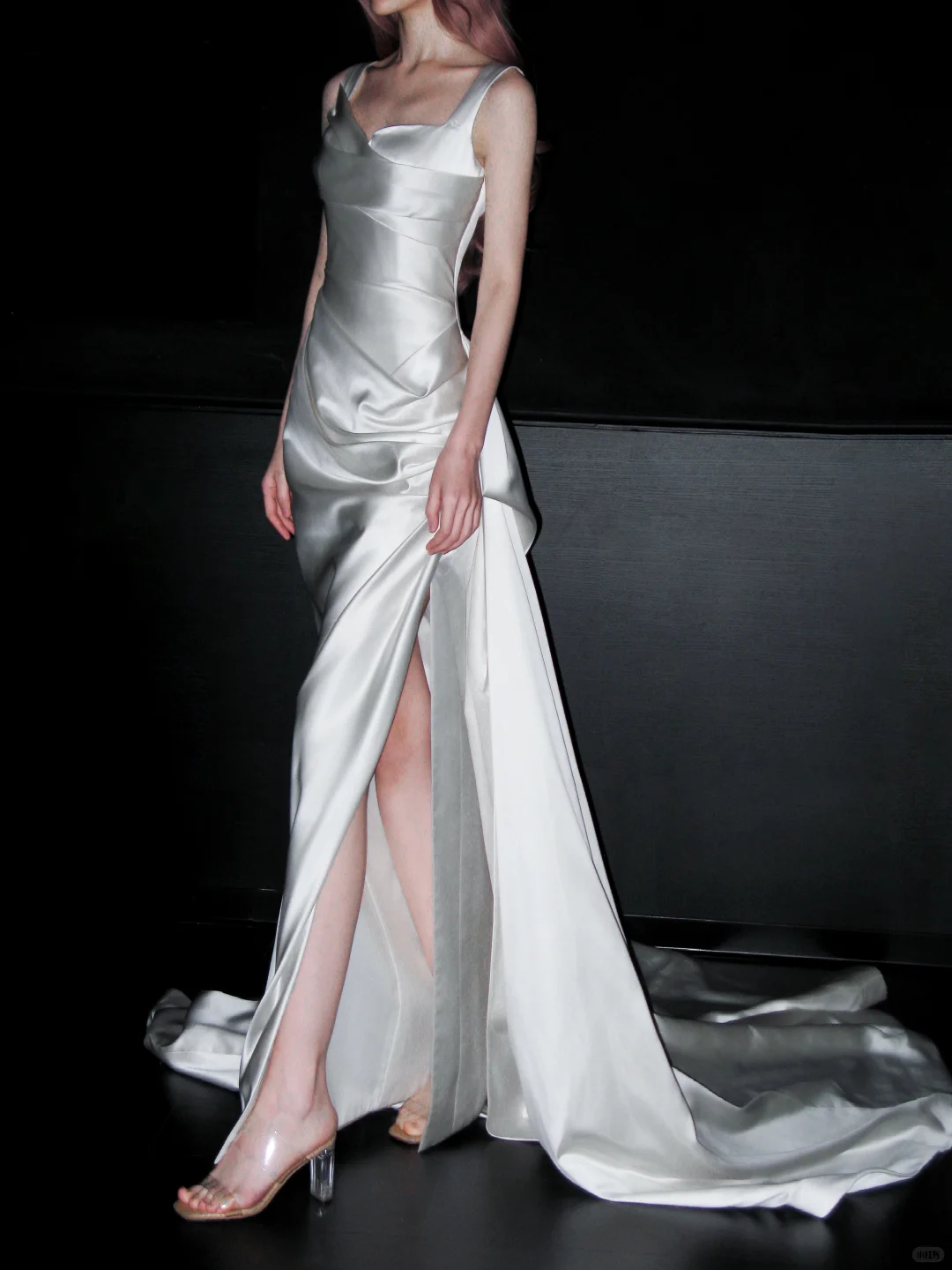 Classy White A Line Straps Satin Simple Pleated Long Wedding Dress DP4409