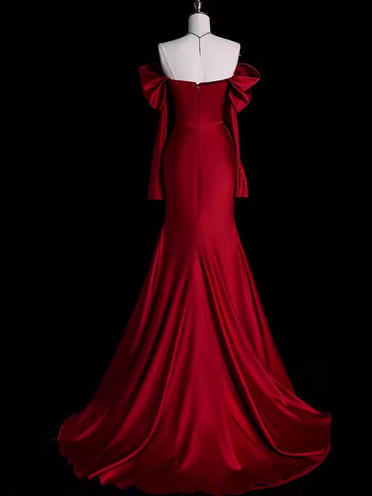 Off The Shoulder Burgundy Long Satin Prom Dress Mermaid Evening Dress DP133
