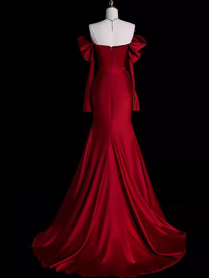 Off The Shoulder Burgundy Long Satin Prom Dress Mermaid Evening Dress DP133