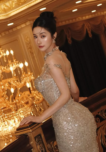 Shiny Mermaid Straps Exquisite Champagne Sequin Long Sweep Prom Dress DP4387