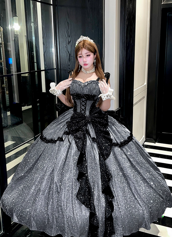 Stunning Black Bow A Line Sequin Lolita Goth Boning Dress Prom Dress DP4506