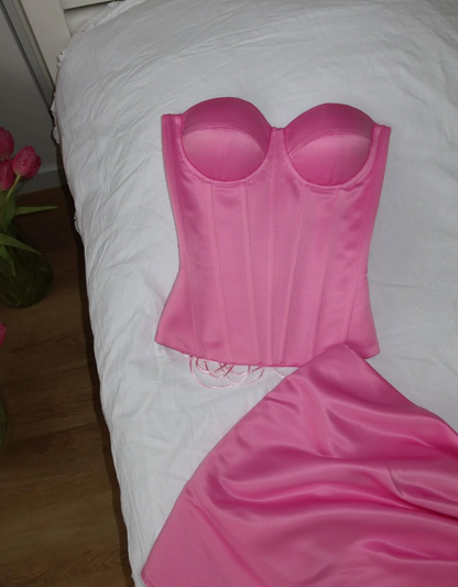 Two Piece Hot Pink Pleated Sweetheart Neck Satin Short Party Dress Homecoming Dress Cocktail Dress DP3007