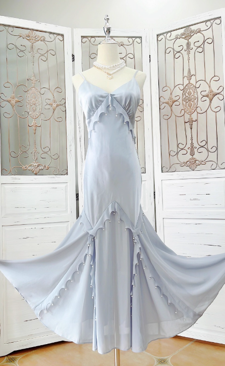 White Mermaid Spaghetti Strap Pearl Chiffon Satin Prom Dress Evening Dress Party Dress DP3584