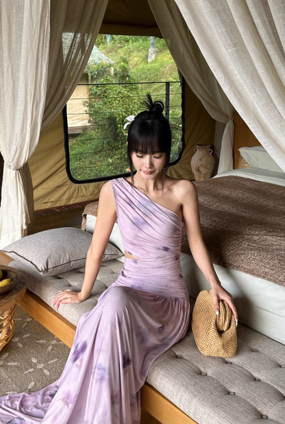 Purple Print Floral A Line One Shoulder Tulle Prom Dress Date Dress Outfits DP3456