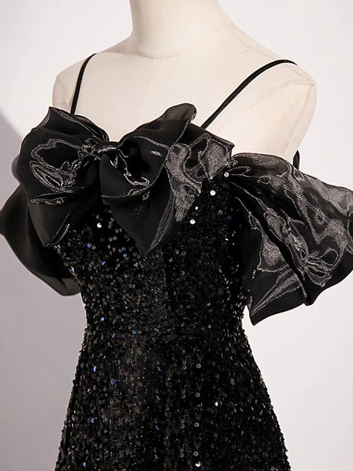 Cute Black Off Shoulder Sequin Long Prom Dress Bow Knot Evening Dress DP011