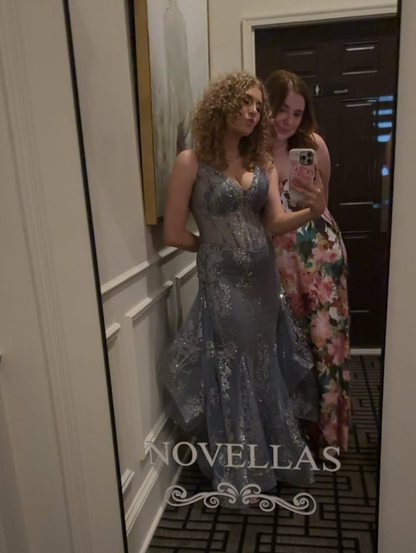 Sparkly Grey Mermaid Sequin Tulle Long Prom Dresses Sexy Formal Evening Dress DP3070