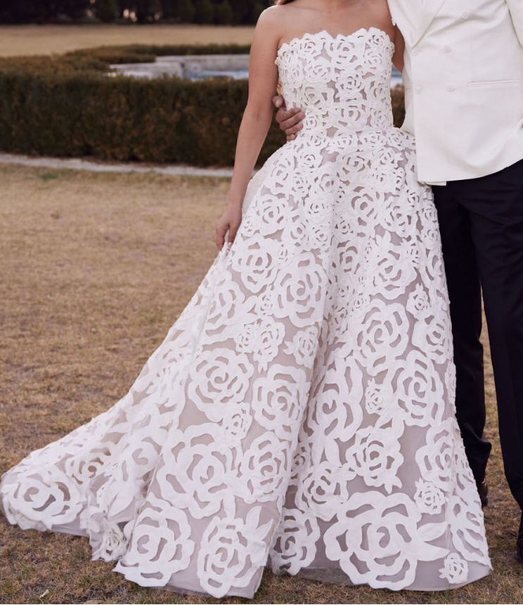 Elegant A Line Strapless Floral Satin Tulle Long Wedding Dress DP1751