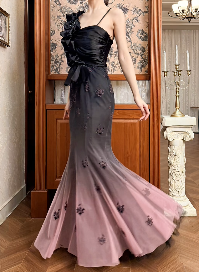 Vintage Mermaid Appliques Black Pink Ombre Tulle Satin Prom Dress Evening Dress DP5412