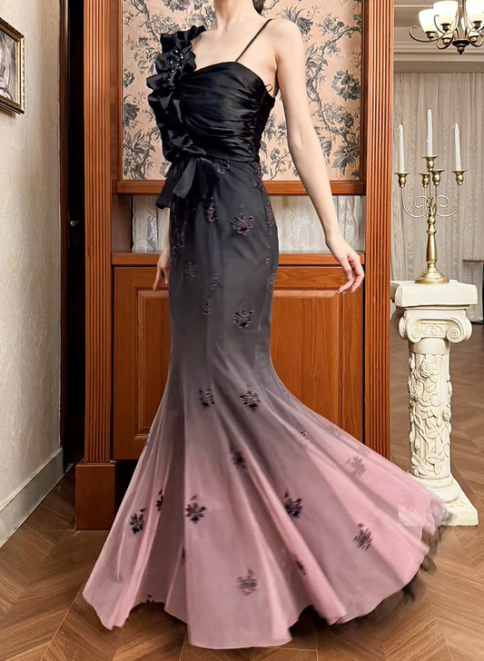 Vintage Mermaid Appliques Black Pink Ombre Tulle Satin Prom Dress Evening Dress DP5412