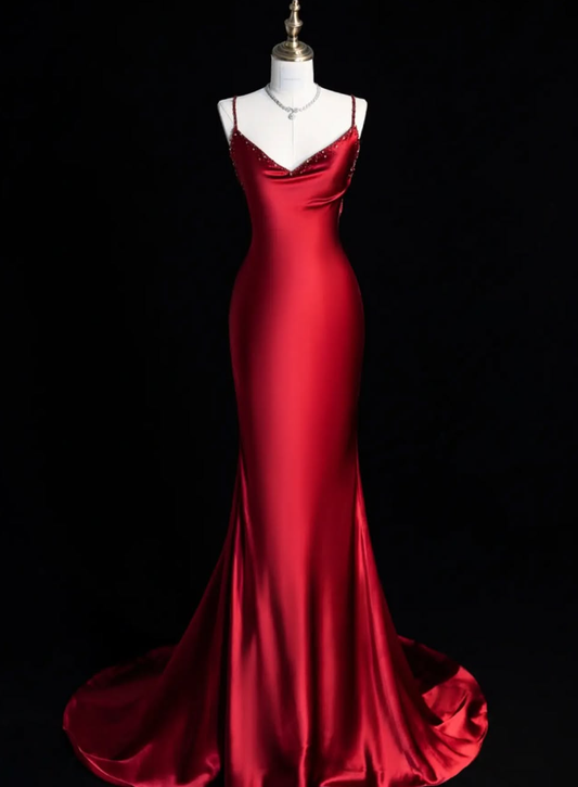 Elegant Mermaid Spaghetti Strap Beaded Red Satin Prom Dress Graduation Prom Dress DP2000