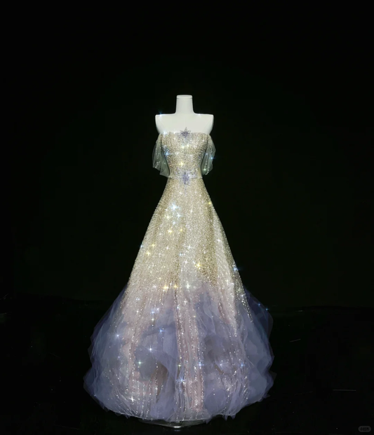 Shiny Exquisite Beaded Ball Gown Off the Shoulder Purple Tulle Prom Dress Party Dress DP3230